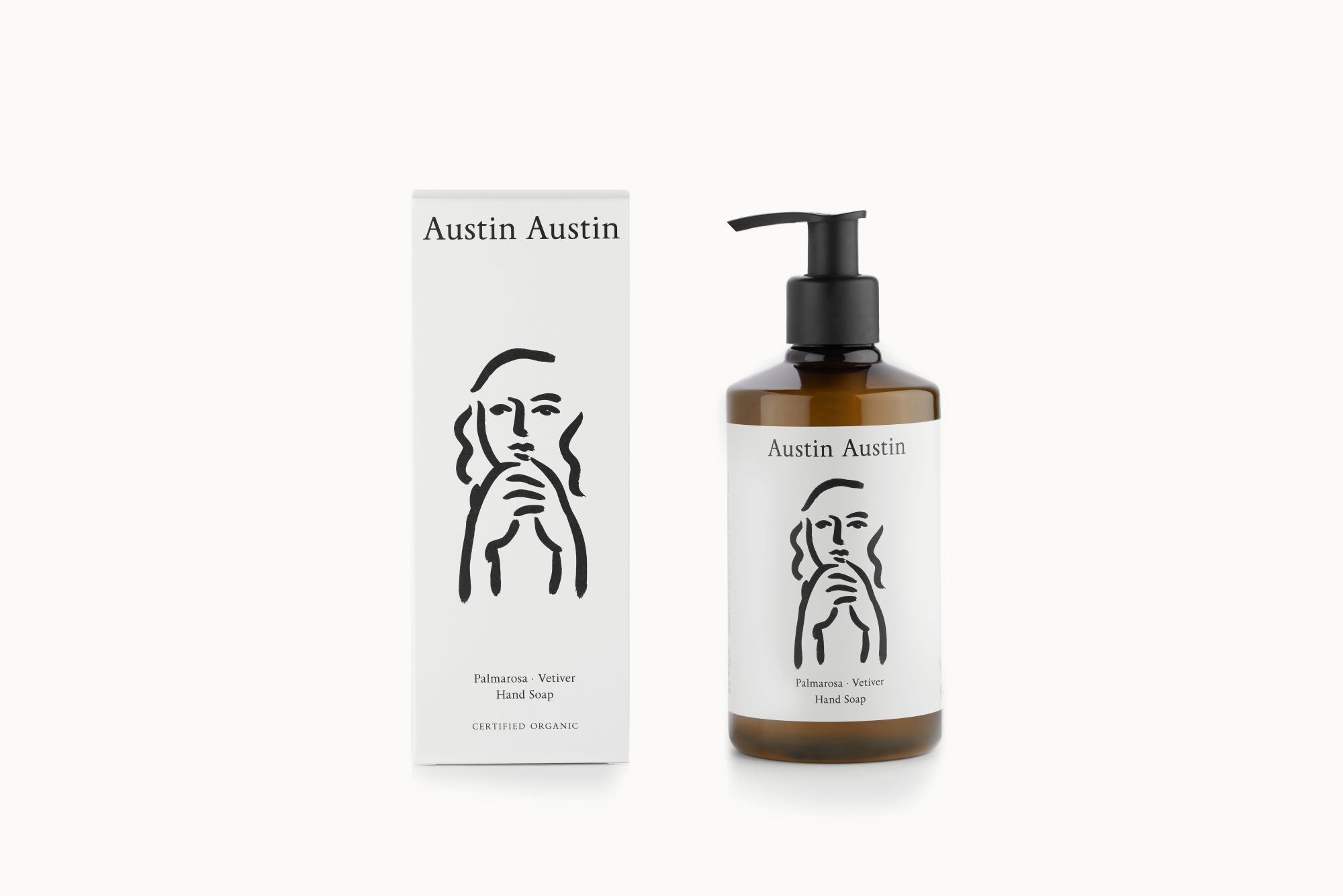 Liquid hand soap from Austin Austin. Organic and vegan. Palmarosa Vetiver.