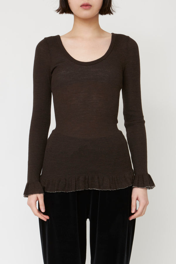 BABACO - Fine Wool Ribbed Blouse - Dark Brown