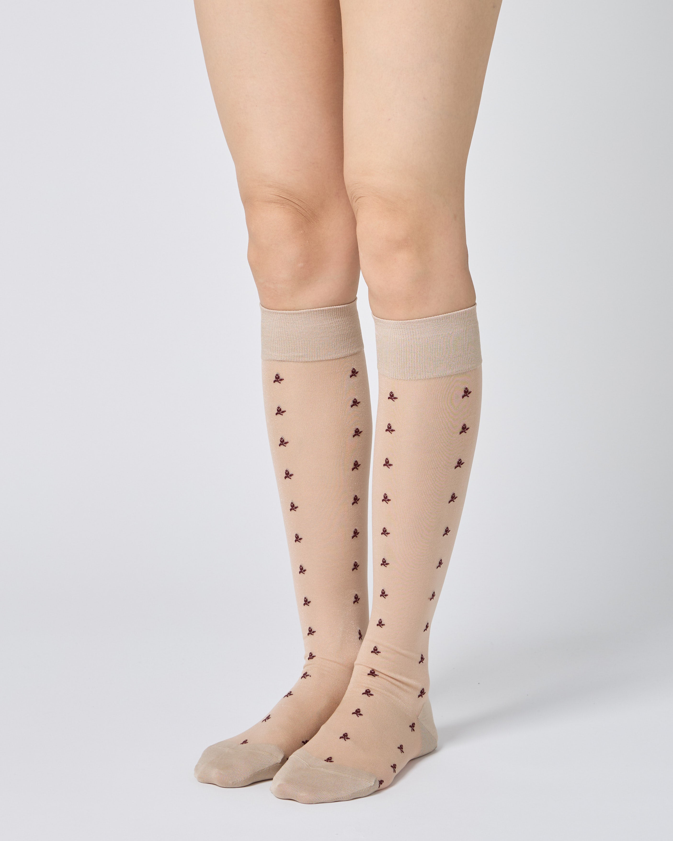 Tiny Flower Sheer Knee High Socks - Beige