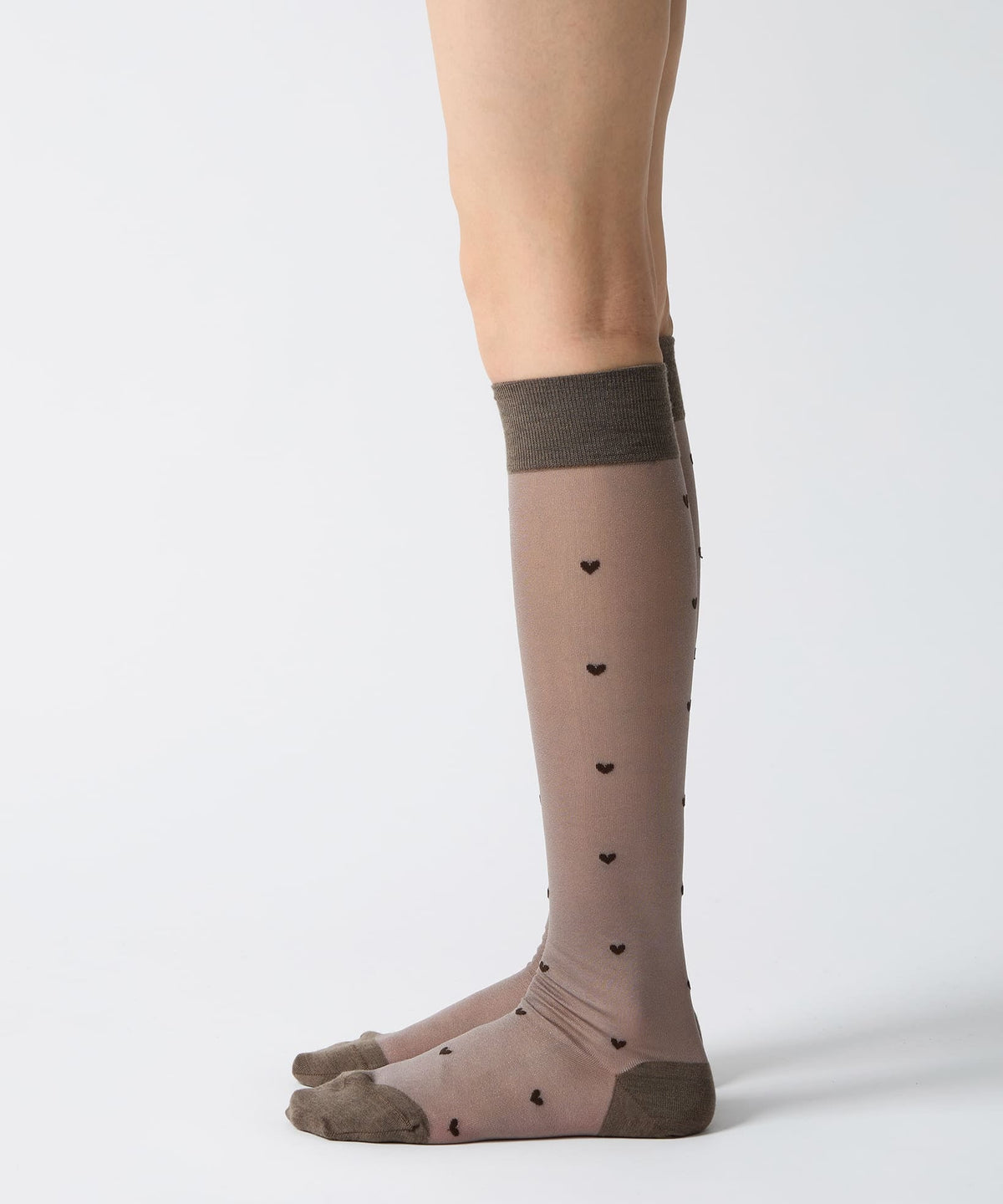 Heart Dot Sheer Knee High Socks - Khaki Brown