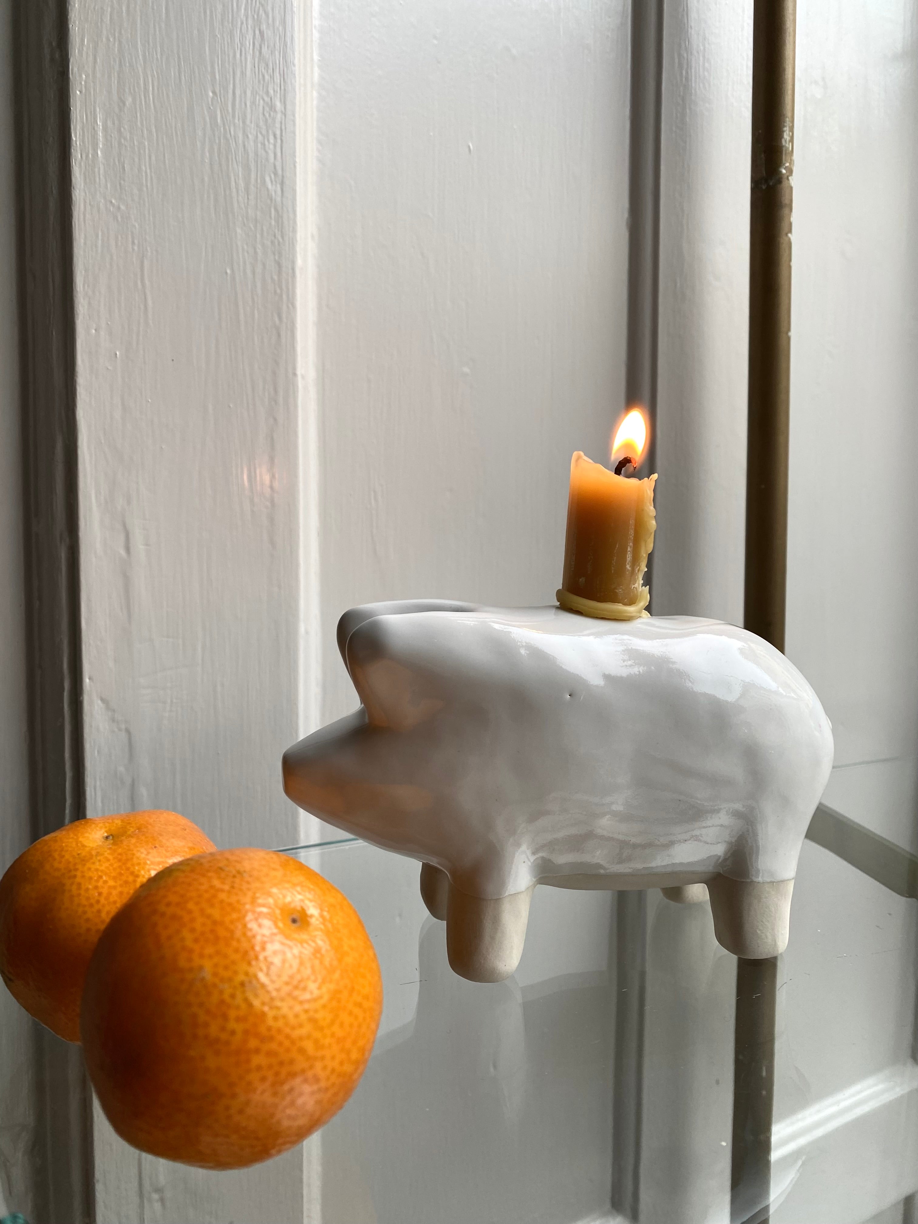 Large Christmas Pig Candlestick - White