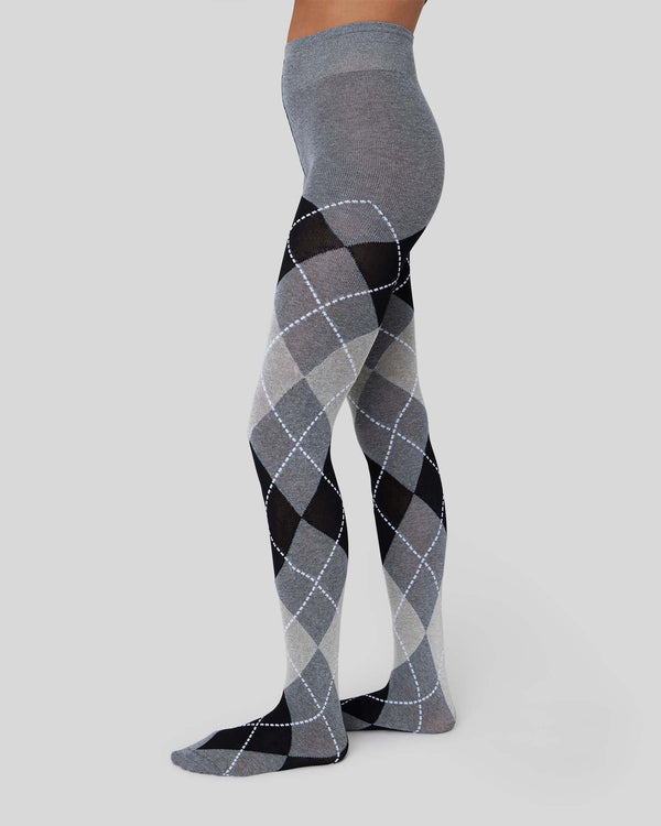 SWEDISH STOCKINGS - HARRIET COTTON ARGYLE TIGHTS - GREY