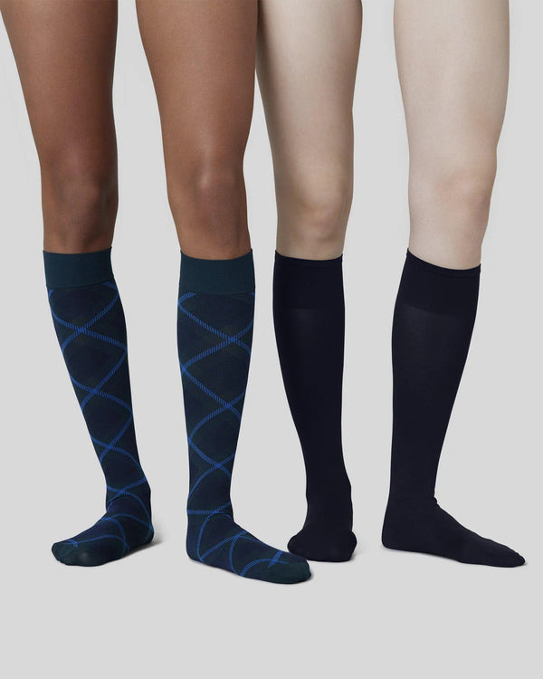 SWEDISH STOCKINGS - 2-pack Franka Check & Solid Knee Highs - DARK GREEN