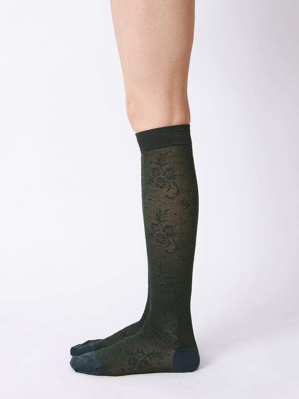 BABACO - Floral Lace Knee High Socks - DARK GREEN