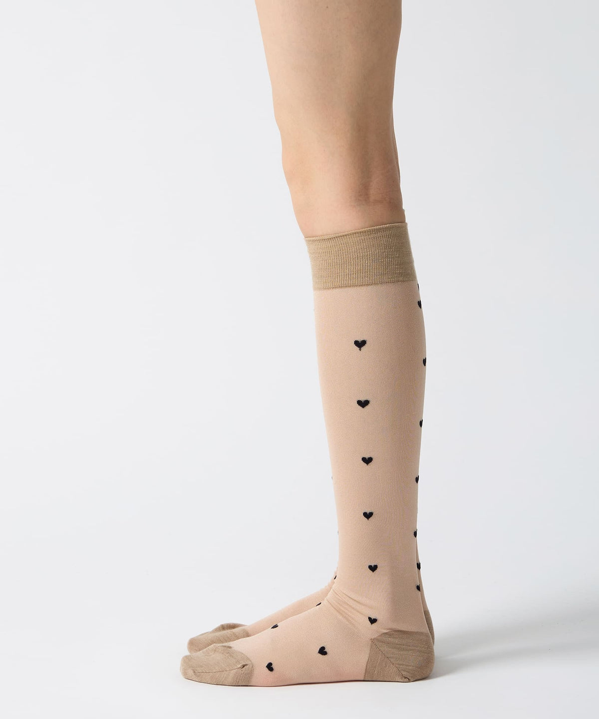 Heart Dot Sheer Knee High Socks - Beige