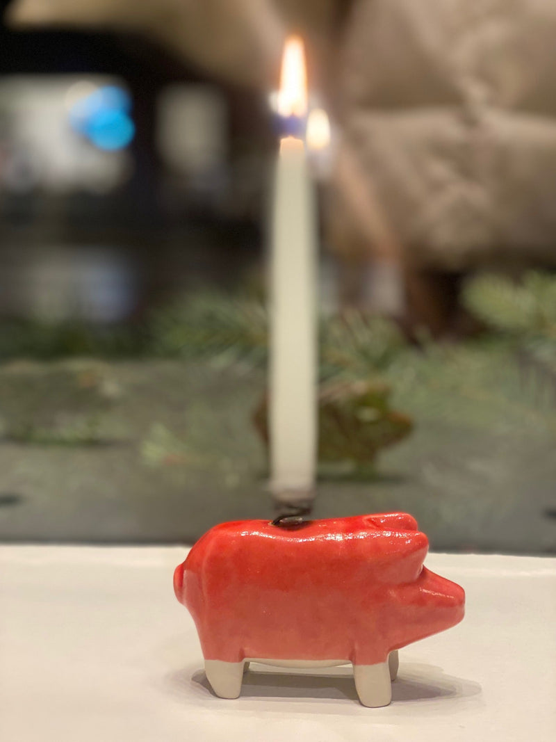 Christmas Pig Candlestick - Red