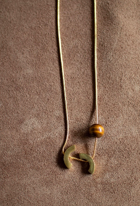 LEPAGON - NECKLACE WITH TIGER EYE & SEMI CIRCLE BRASS PENDANT