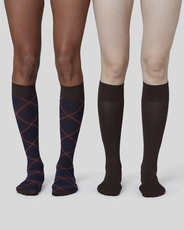 SWEDISH STOCKINGS - 2-pack Franka Check & Solid Knee Highs - BROWN