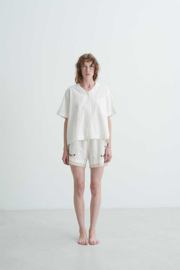RUNAWAY BICYCLE R.B. - Short Sleeved Laced Top - Off-white