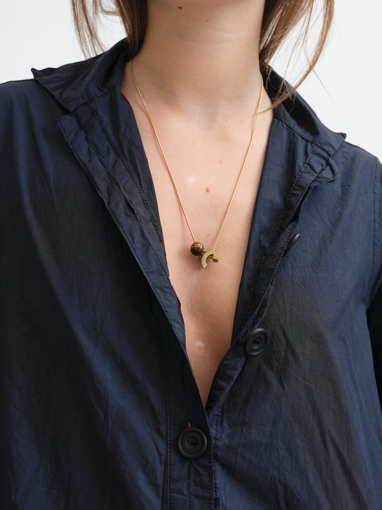LEPAGON - NECKLACE WITH TIGER EYE & SEMI CIRCLE BRASS PENDANT