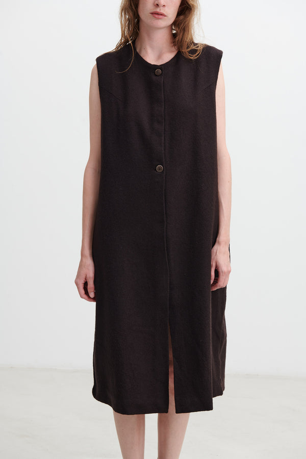 RUNAWAY BICYCLE - handloomed 100% erin wool sleeveless dress in dark brown