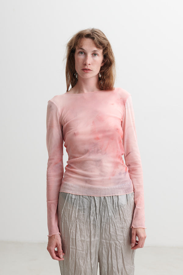 BLACKTOGREY - sheer pink top with print in red.