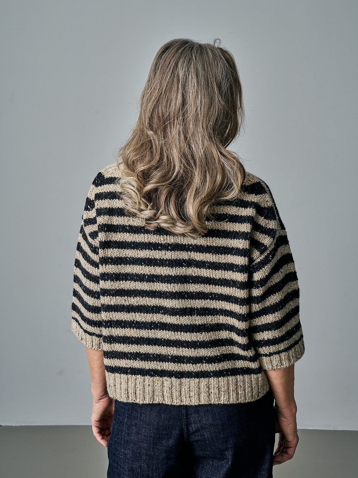 Donegal Stripe Short Sleeve Sweater -  Soft Black/Oatmeal