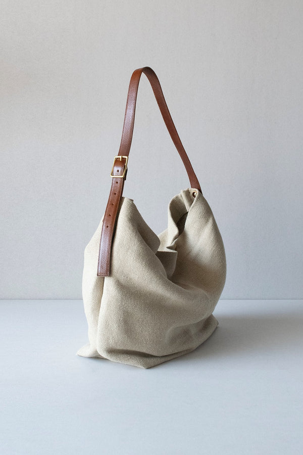 STEVE MONO - LINEN/JUTE SACK WITH ADJUSTABLE BROWN LEATHER STRAP